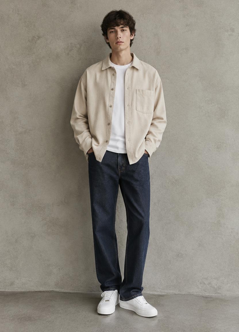 Look casual uomo con overshirt beige e denim scuro