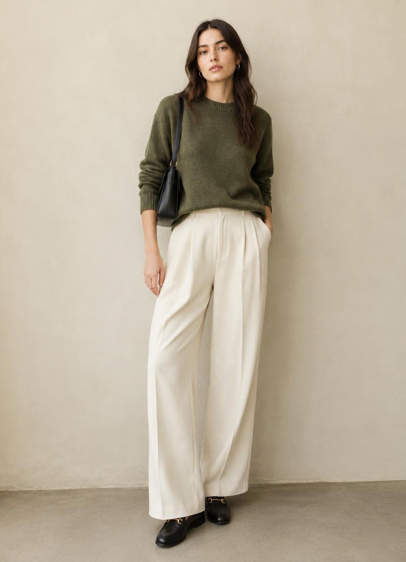 Look casual donna con maglione verde oliva e pantaloni ampi